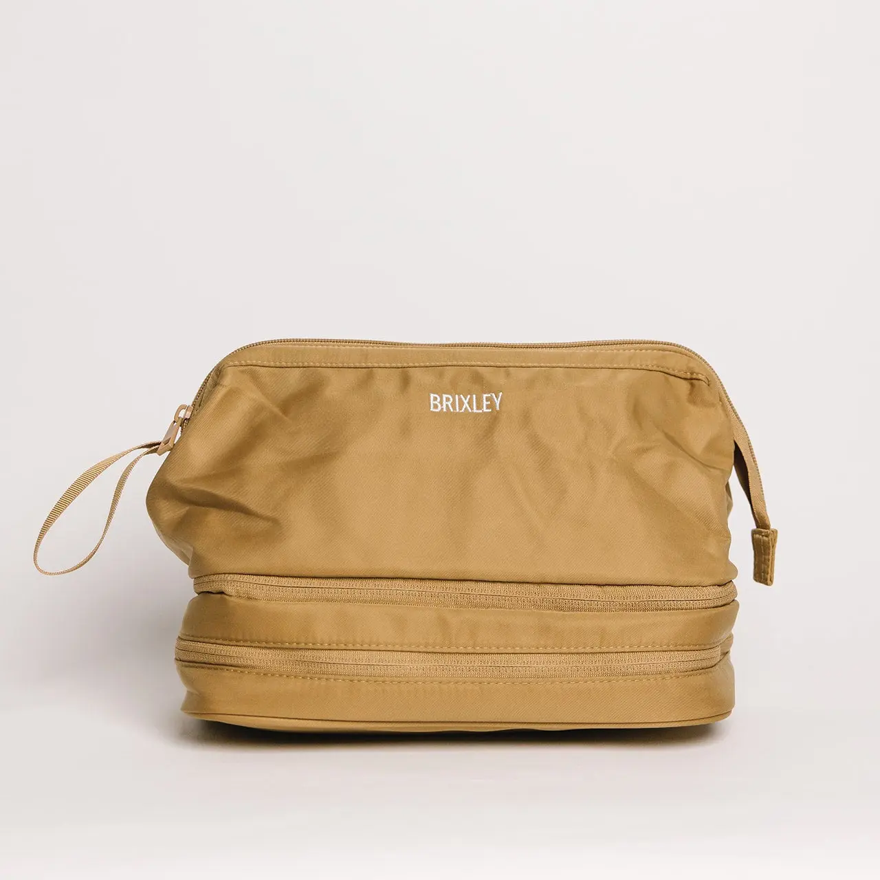 Tan Brixley Toiletry Bag with 3 Compartments & Brush Holder for Travel & Everyday Use Durable Water-Resistant Material 11x6x8 Inches