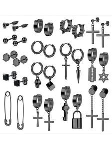15 Pairs Black Gothic Clasp Hoop Earring Set for Men Women Solid Premium Stainless Steel Piercings Gothic Charm Drop Snap Closure Hoop Earrings Sleek Vintage Gothic Emblem Fashionable Drop Snap Fastener Build