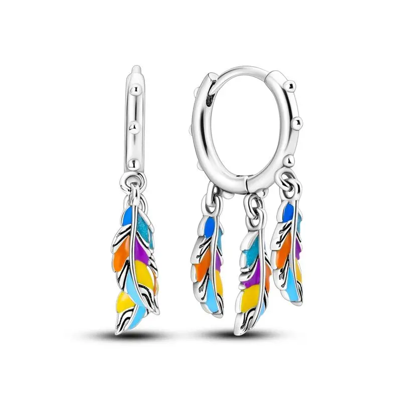 NARMO S925 Silver-Plated Bohemian Feather Earrings - Colorful Enamel Fantasy Charm Jewelry for Women, Ideal Gift for Birthday, Christmas, Bohemian Earrings, Colorful Charm Earrings