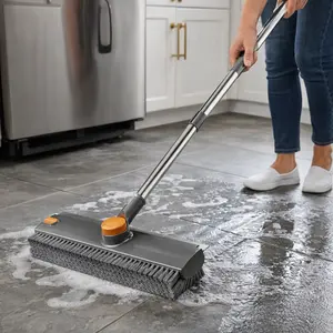 Floor Scrubbing Brush with Squeegee,3 in 1 heavy duty Grout Brush with 52" Adjustable Long Handle,V-Shape 90° Stiff Brush Bristle and scraper design,360°Rotation,Bathroom wet dry Cleaning Brush for Tile,Deck,Garage,Kitchen,Swimming Pool,shower scrubber