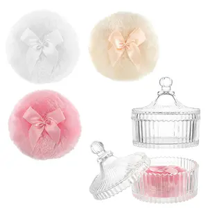 4PCS Dusting Powder Container with Puff, Glass Box for Dust Puff, Large Body Powder Puff and Puff Crystal Container, A Plush, Washable, Reusable Velour Powder Pad for Face and Body.
