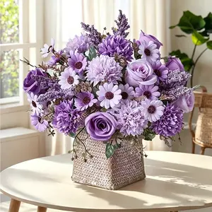 4 Pack Artificial Flowers Like Real Artificial Bouquet Silk Artificial Roses Bouquet with Daisy Chrysanthemum Purple Flowers for Centerpiece Table Wedding Party Home Spring Decor