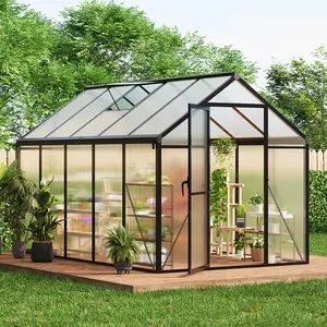 [ 2 Packages Shipping ] 6x10 ft Greenhouse for Outdoors, Polycarbonate Greenhouse with Roof Vent, Ground Nails, Lockable Push Door, Aluminum Large Walk-in Green House for Outside Garden Backyard, Patio, Lawn, Black