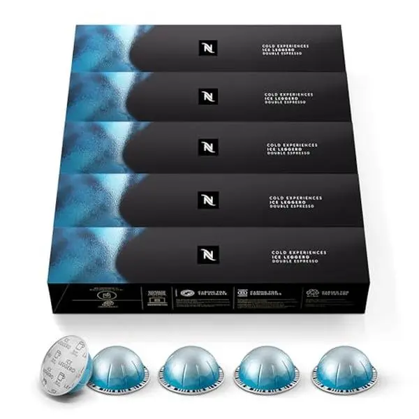 Vertuo Ice Leggero Double Espresso Bean Coffee Pods - 50 Count, Light Roast, Creamy Flavor, Ethiopia-Peru Blend, Milk-Compatible Iced Beverages, Sugar-Free, Vegetarian-Friendly for Adults