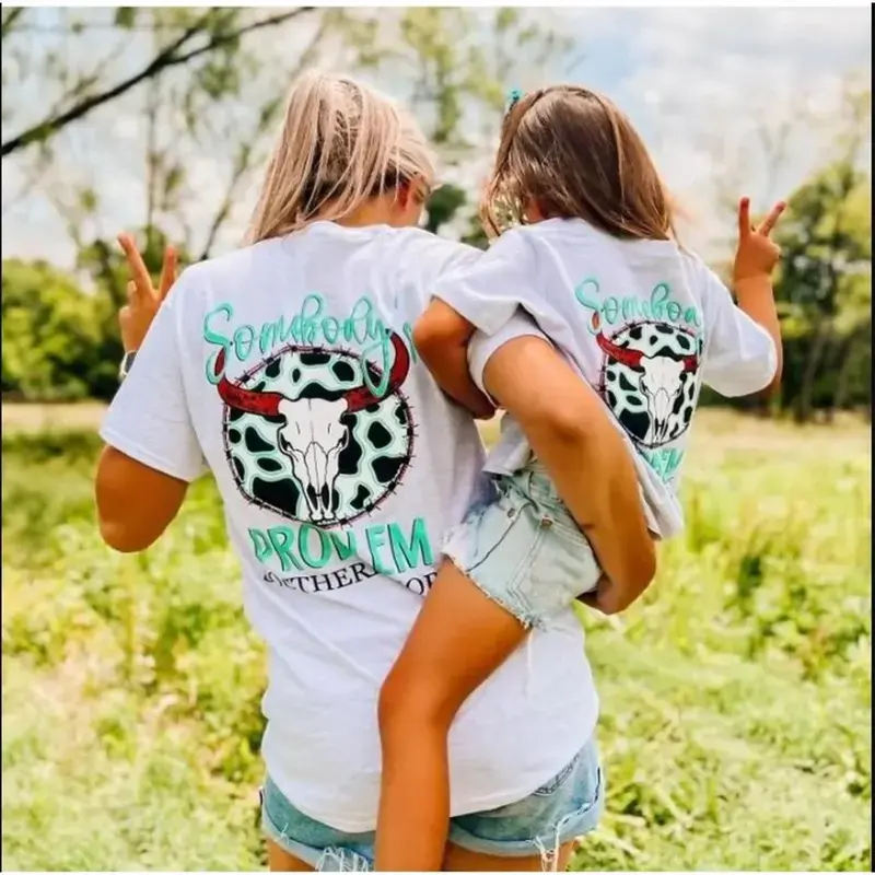 Women's Round Neck Short-Sleeve Cotton Graphic T-Shirt - Casual Polyester Streetwear Apparel, Lady's Mother-Daughter Hoodie-Style Clothes, Everyday Mom & Daughter Gift