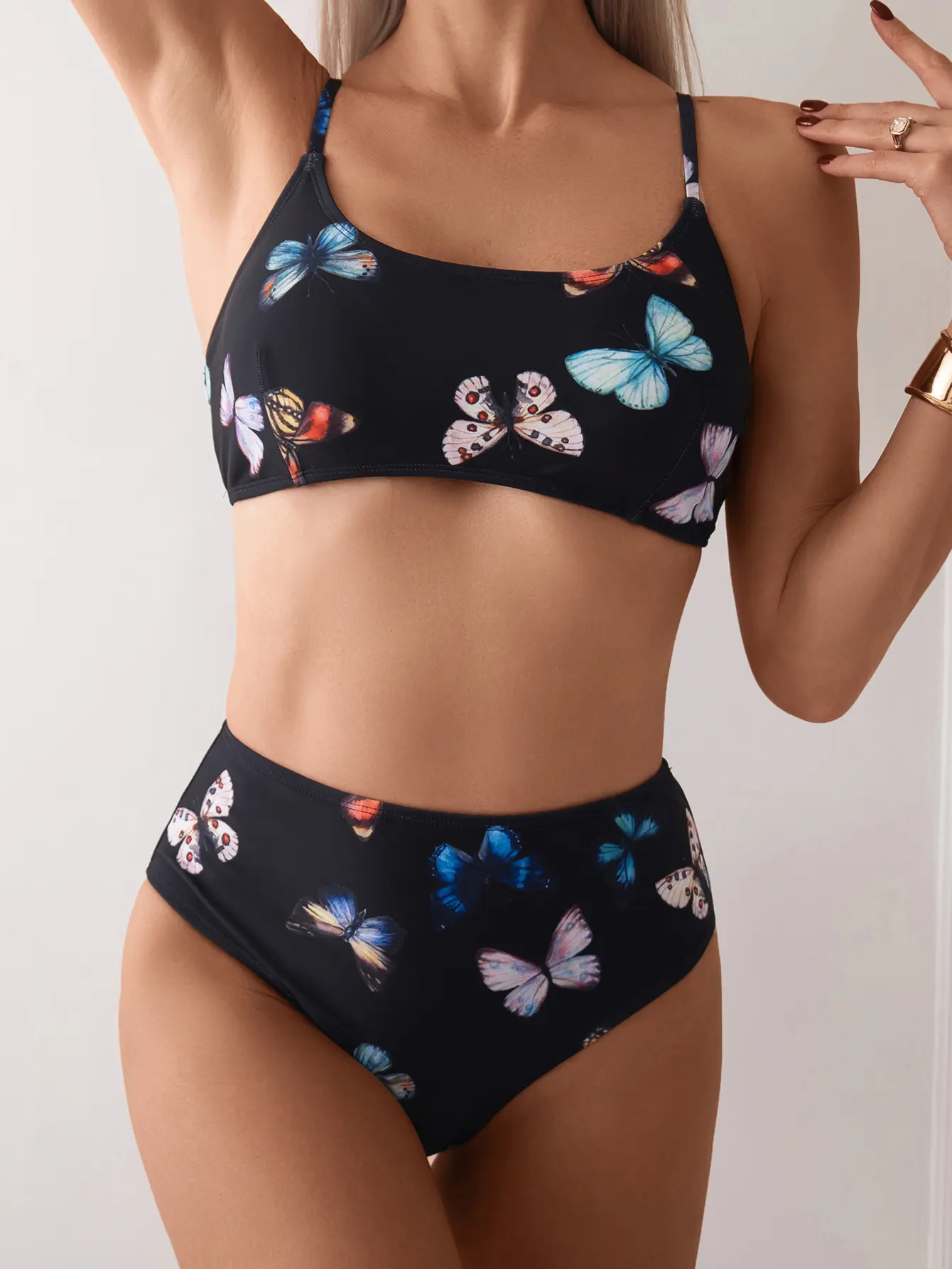 Women's Black Butterfly Print 2-Piece Tummy Control Swimsuit Set - High-Waist Cut Bottoms, Sporty Crop Top, Polyester Blend, for Sports & Outdoor Activities, Swimsuits Tummy Control