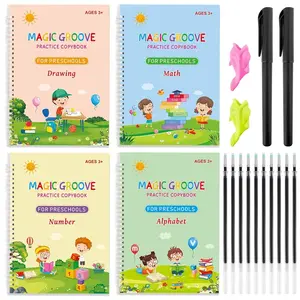 Large Magic Ink Practice Copybook for Kids, Reusable Handwriting Workbooks for Preschools, Tracing Letter Writing Book with Pen Refill and Handwriting Aid(4book+2 Pen+10 Pen Refill)