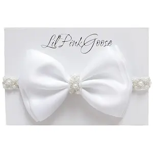 0-12 Newborn Baby Baptism Pearl Headband or Clip with Satin Bow, Pearl Rhinestone Christening Headband (White for 6-12Months, 1 Count Pack of 1)