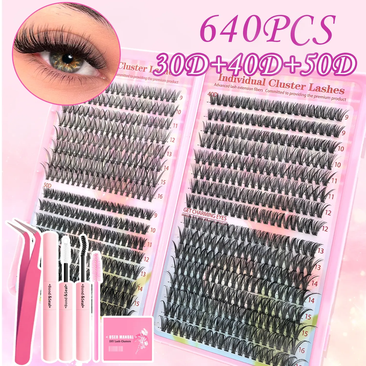 640PCS Lash Cluster Kit, Eyelash Clusters, False Lash Extensions, 30D 40D D Curl, Soft Lashes for Natural or Dramatic Look, No Salon Needed, With Tweezers & Glue, Easy DIY at Home, Beginner-Friendly, Long-Lasting Hold