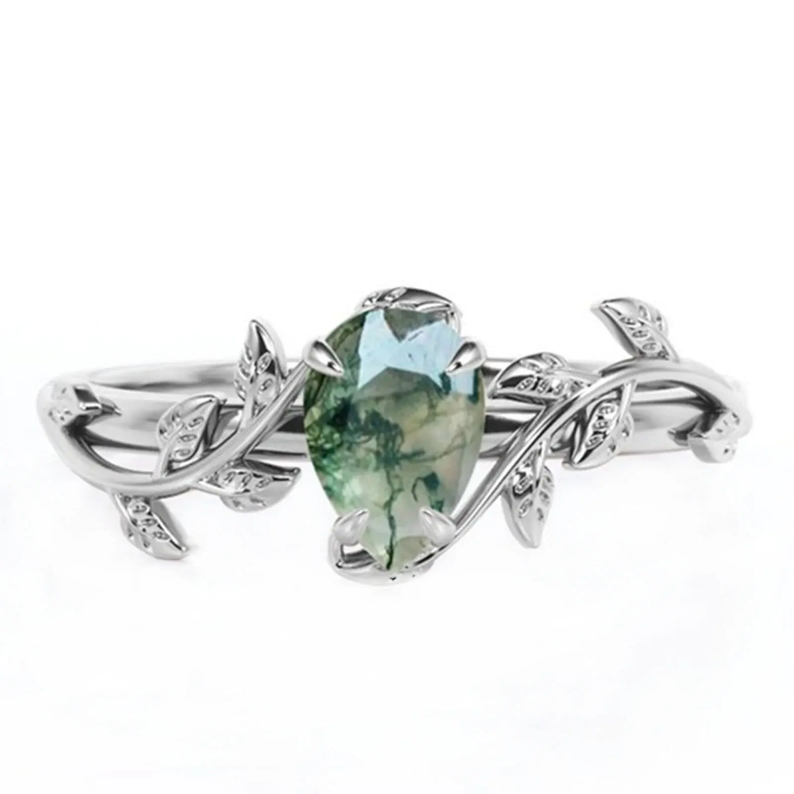 925 Sterling Silver Teardrop Moss Agate Engagement Ring Anniversary Ring Gift for women Beautiful Rings Unique Rings Bridal Rings