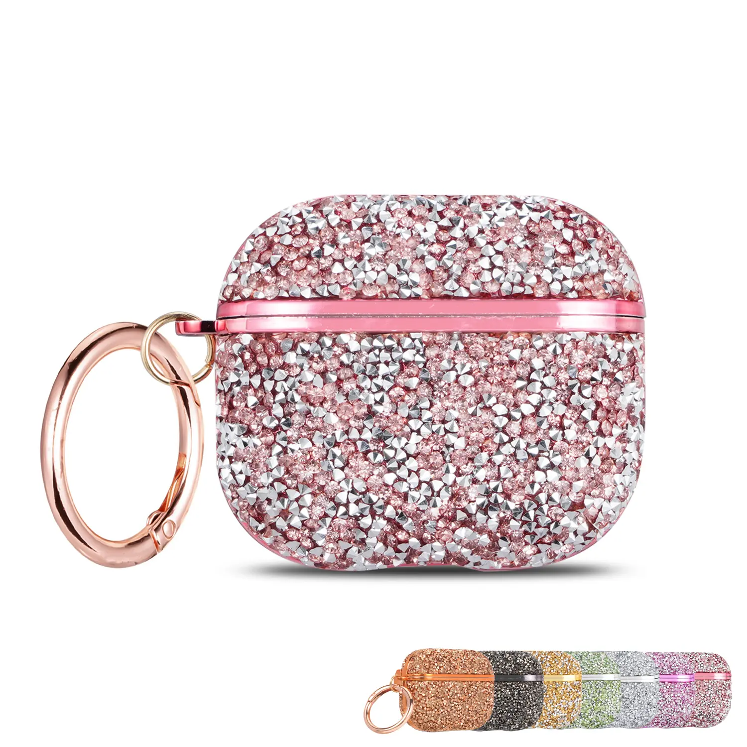 Bling Rhinestone Plastic Earbud Case with Carabiner Hook Keychain, Shockproof Premium Protection Cover for Airpods 1/2/3/4 & Pro 2/3 Charging Cases, Durable Accessory with Smooth Operation
