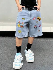 Men's Y2K Vintage Graphic Loose Denim Shorts, American Style Knee-Length Skateboard Pants, Casual Fitted Drawstring Waist Summer Wear Menswear
