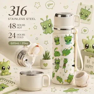 600ml Green Kawaii Alien Cat Star Heart Insulated Mug, Double Wall Thermal Cup, Leak-Proof Design, Keeps Hot Drinks Warm For 12 Hours And Cold Drinks Cold For 24 Hours, Cartoon Lover Gift, For Daily Use, Office, Gym, Stainless Steel Tumbler, Drinkware