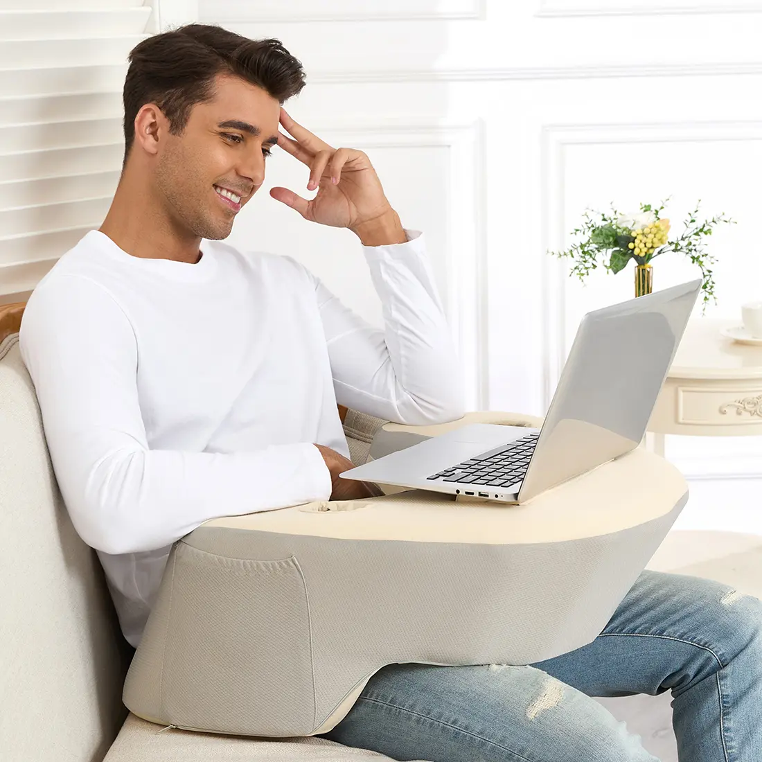 Ergonomic Memory Foam Reading Pillow - Firm, Machine Washable, Armrest-Equipped Back Support with Large Side Pockets, Relaxation Pillow for Home Use, Office/Bed, Ideal Gift for Book Lovers
