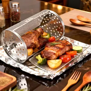 Rotisserie Basket 360-Degree Rotating for Air Fryer & Oven, Stainless Steel, Movable Door, Perfect for Peanut, Dried Nut, Chicken Wings, BBQ