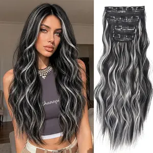 VOSILK 20In 190g 4PCS Clip in Hair Extensions for Women, Black and White Mixed, Long Wavy Thick Synthetic Hairpieces, Double Weft, Natural Wave, 4233-q-118, Dates