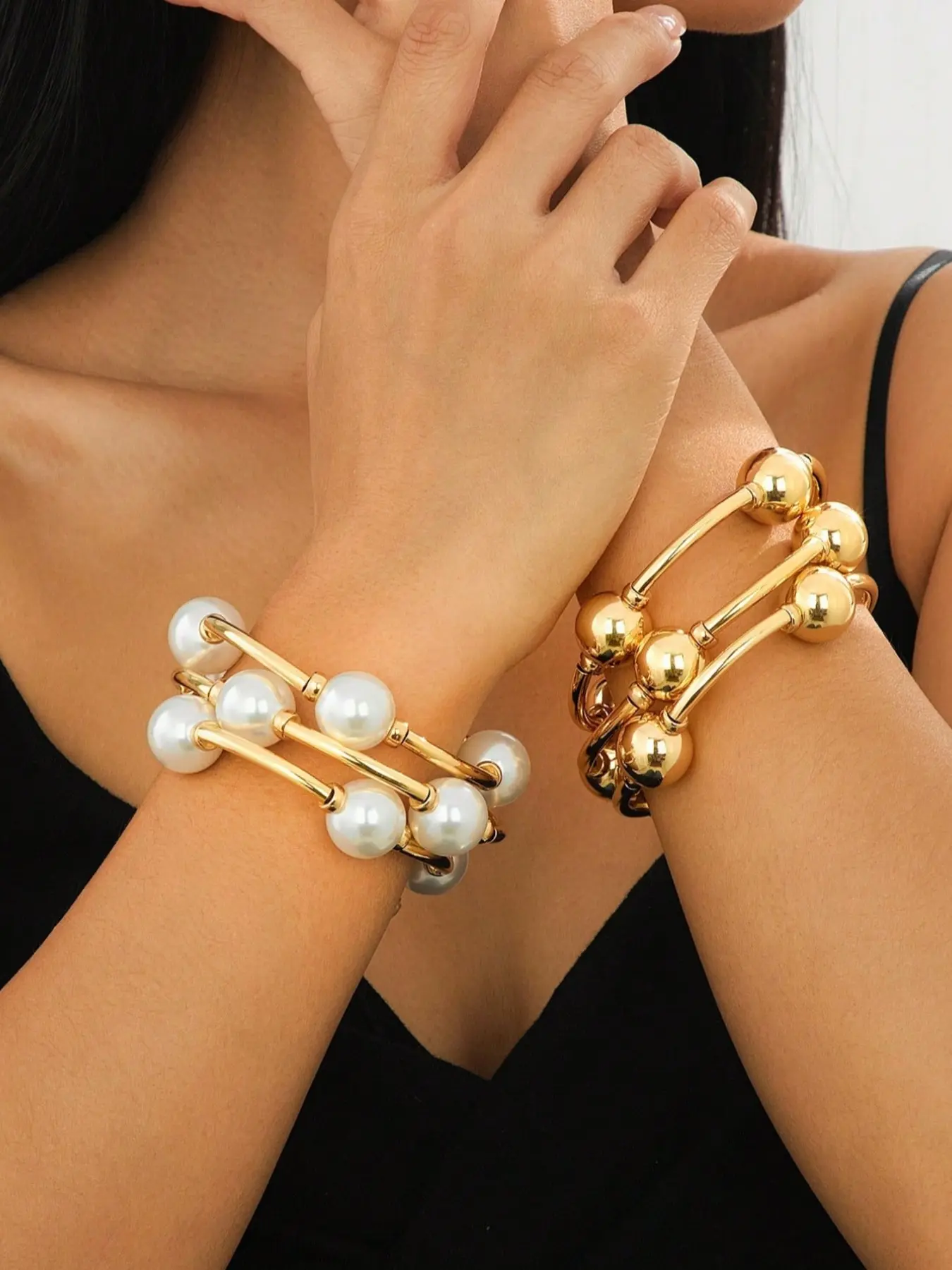 3pcs Vintage Chunky Gold/Silver/Pearl Bangle Bracelet Set, Fashionable Chunky Bangles, Bracelets Set, European And American Style, Suitable For Women's Beach, Dating, Fashion Shooting, Holiday Decoration, Charm Jewelry Gift