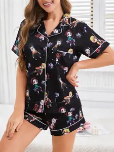2 Piece Women's Demon Slayer Chibi All Over Print Pajama Set Pjs, Anime Collared Button Down Top with Pocket & Elastic Waist Shorts, Contrast Trim Soft Comfy Loungewear for All Season Home Daily Wear