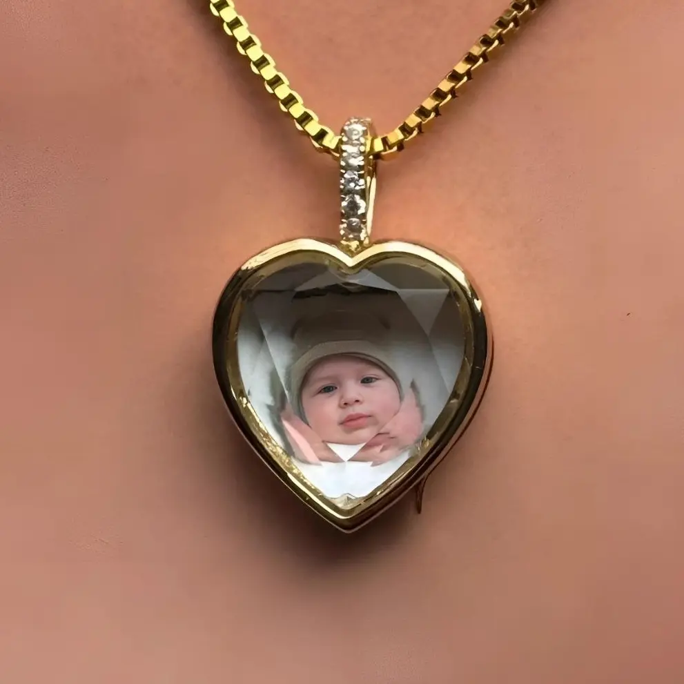 Personalized Heart Locket Necklace with Gold Border & Faceted Crystal Handmade Keepsake Jewelry Memorial Gift for Mom or Grandma Elegant Gift Idea Unisex Design Customizable with Your Photo