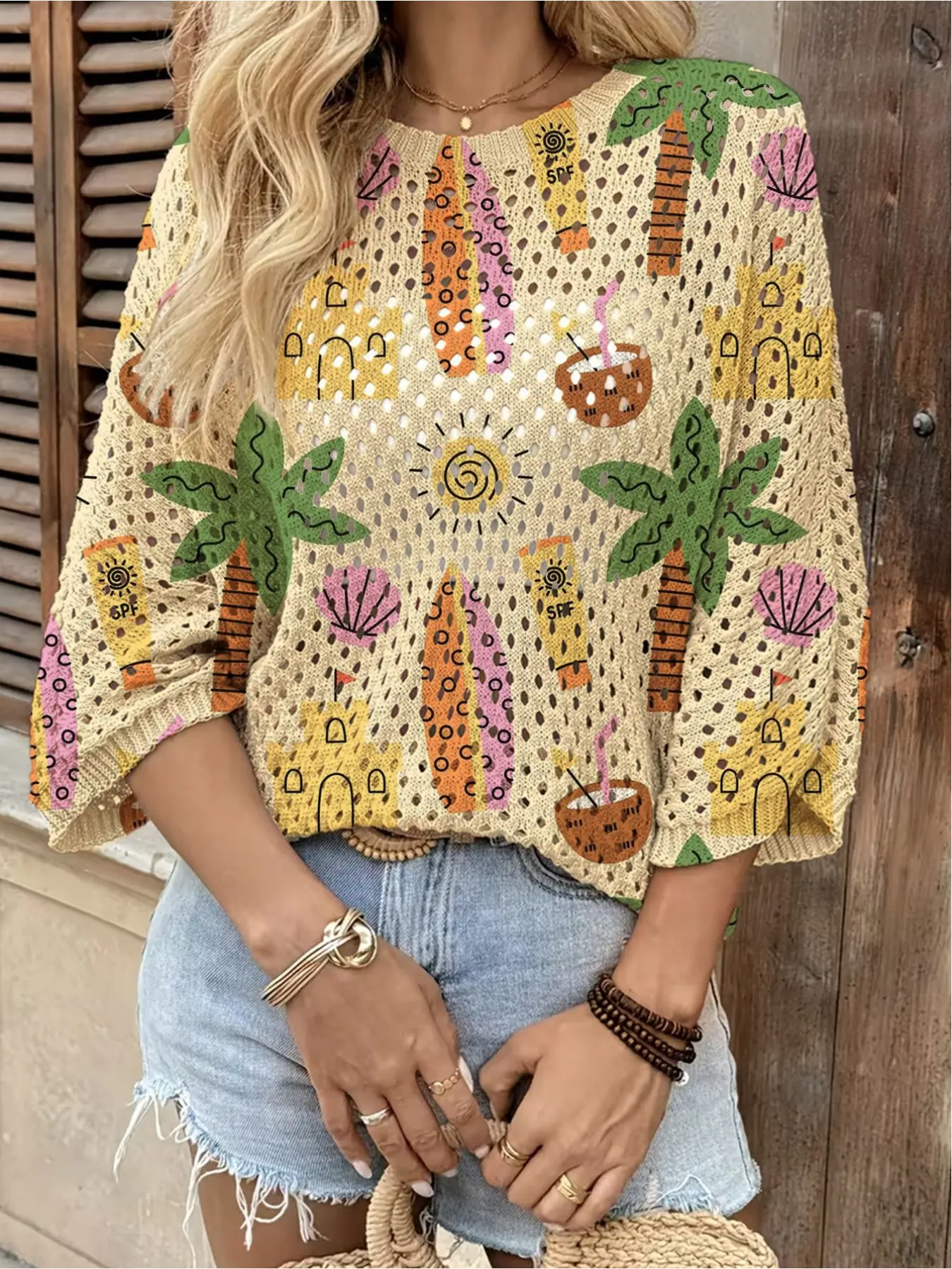Spring & summer Bohemian knit top Blouse, Womenswear, round neck, hollow-out batwing sleeves, loose fit. Contrast all-over print, lightweight. Perfect for daily, commute, vacation & beach bikini cover-up.
