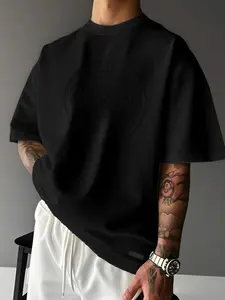 Plus Size Man Fitted Short T-Shirt, Round Neck, Textured Print + Embroidered Patch Design, Fashionable Comfort, Streetwear, Perfect for Casual Wear, Unique Style for Trendsetters