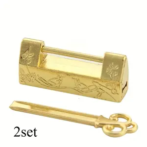 2set Chinese Vintage Antique Locks Old Style Lock and Key Excellent Brass Carved Word Padlock Home Security Lock Lock With Key