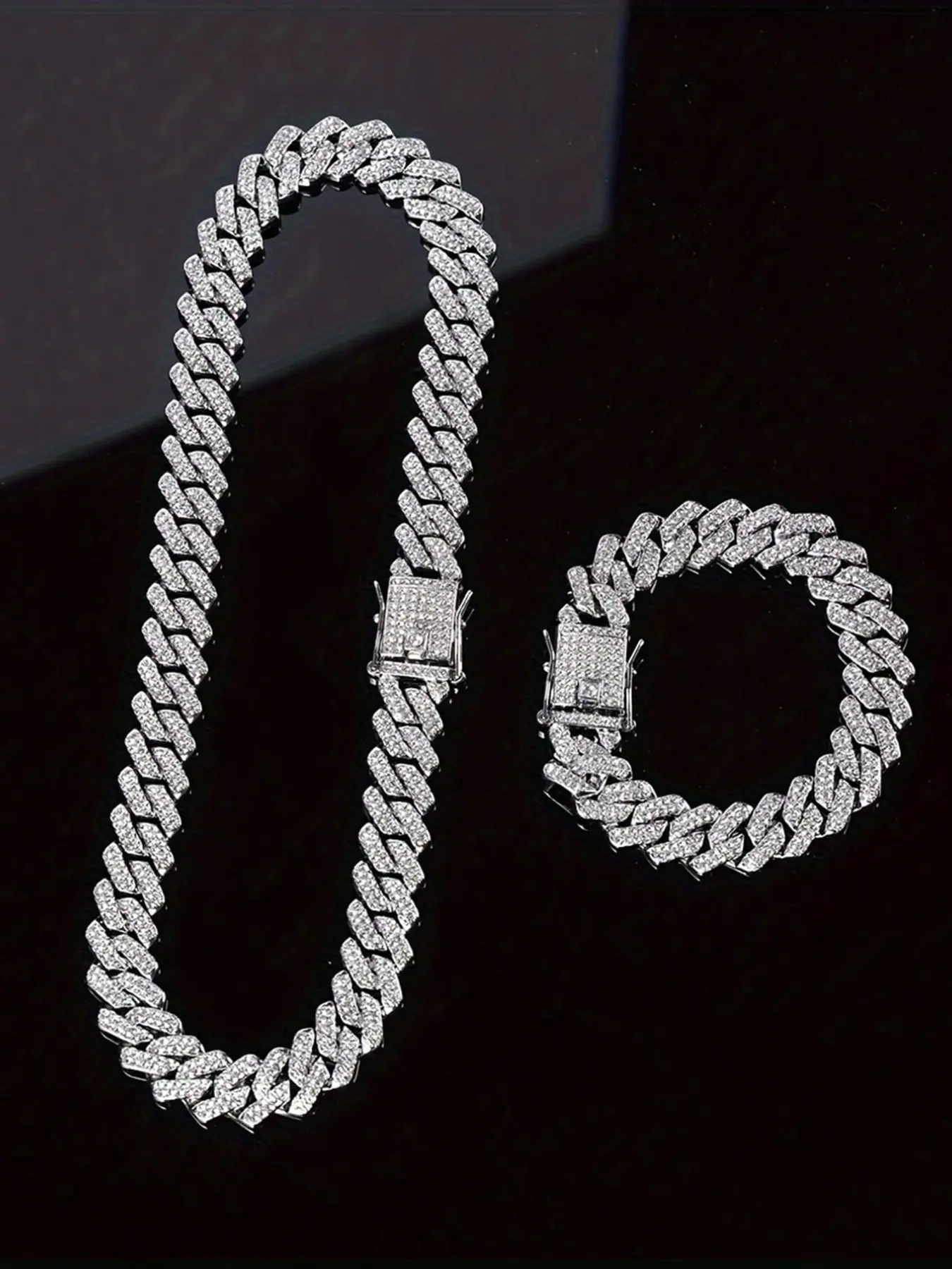 2 Piece Set Full Diamond Rhombic Cuban Chain Necklace Bracelet Set, Hip Hop Men Women Street Party Jewelry, Unisex Fashion Accessories, Fashionable Jewelry Set, Elegant Jewelry Set, Rhinestone Bombshell