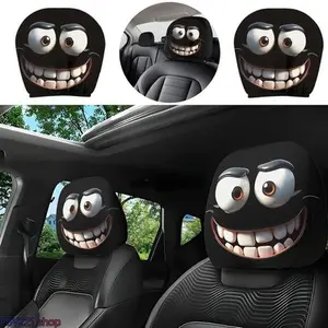 2PCS Car Headrest Covers - Funny Cartoon Grinning Face, Elastic Stretch Fabric, Wear-Resistant, Universal Auto Interior Decor & Car Accessories