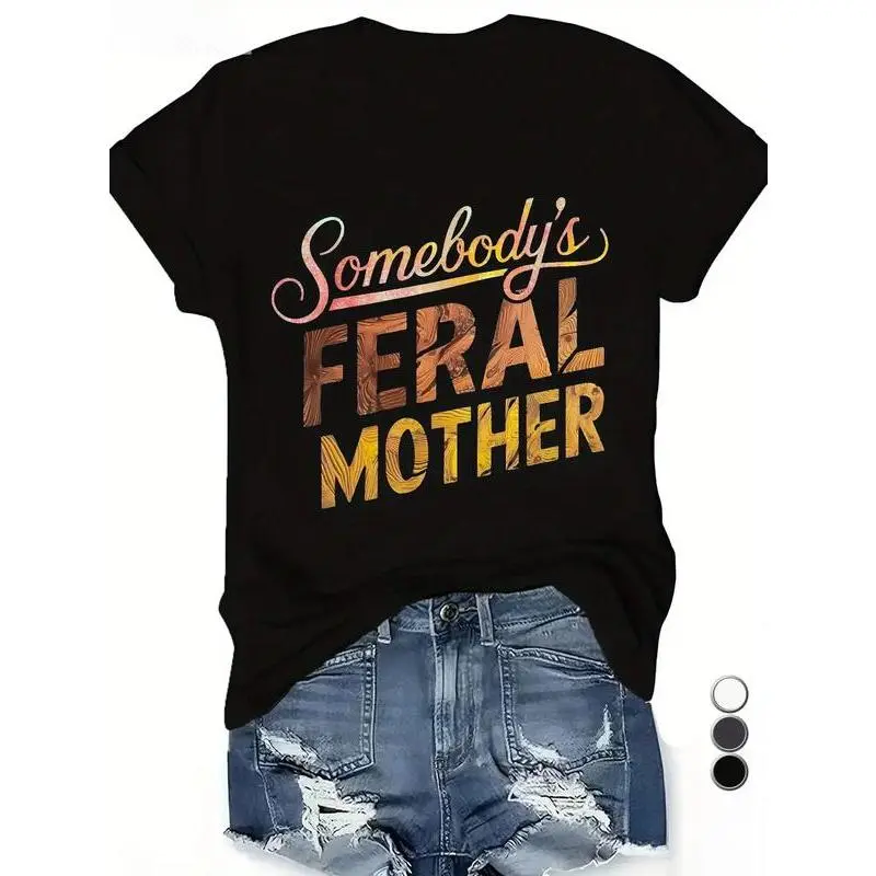 Women's Plus Size 'Feral Mother' Graphic Tee, Casual Short Sleeve Soft Cotton T-Shirt, Breathable Round Neck Basic Summer Top for Ladies, Lady, Tshirt, T Shirts For Women, Art Graphic Tee, Shortsleeve, Clothes, Digital Print, Relaxed Cut, Cool All Day
