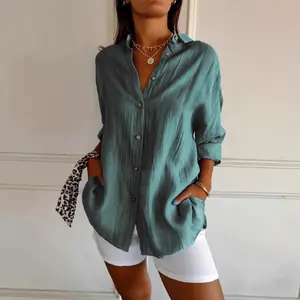 2025SummerPleatedTurn-DownCollarShirtforWomenSolidColorRoll-UpSleeveTop