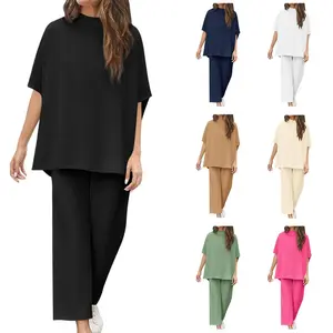 Imily Bela Women's Two Piece Outfits Crew Neck Pullover Tops 3/4 Batwing Sleeve Capelet Wide Leg Pants Casual Lounge Set