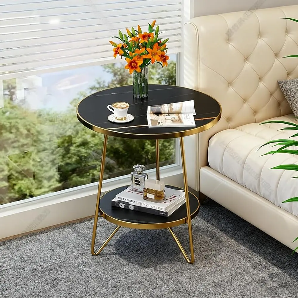 Tribesigns Faux Marble End Table, 2-Tier Round Side Table with Shelves for Living Room, Modern Black Nightstand, Small Coffee Accent Table in Black and Gold