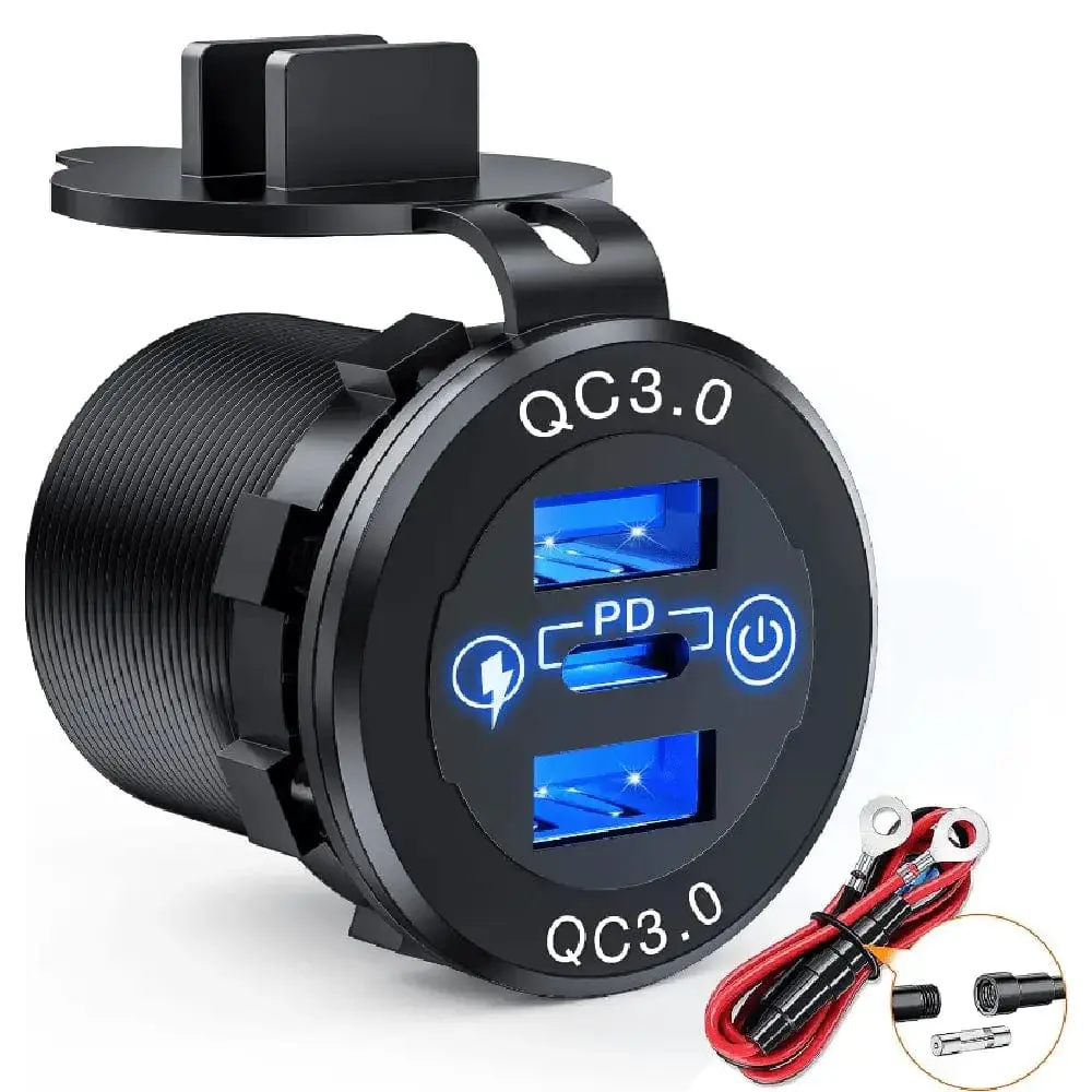Blue LED Fast Charger Adapter - 12-24V Input 3-Port Car-Mounted C-Type Adapter, Dual QC 3.0 USB Socket, PD Dual Charging, Multi-Device Compatible, Includes Fuse & Waterproof Cap, C-Type Adapters, Car-Mounted Adapters