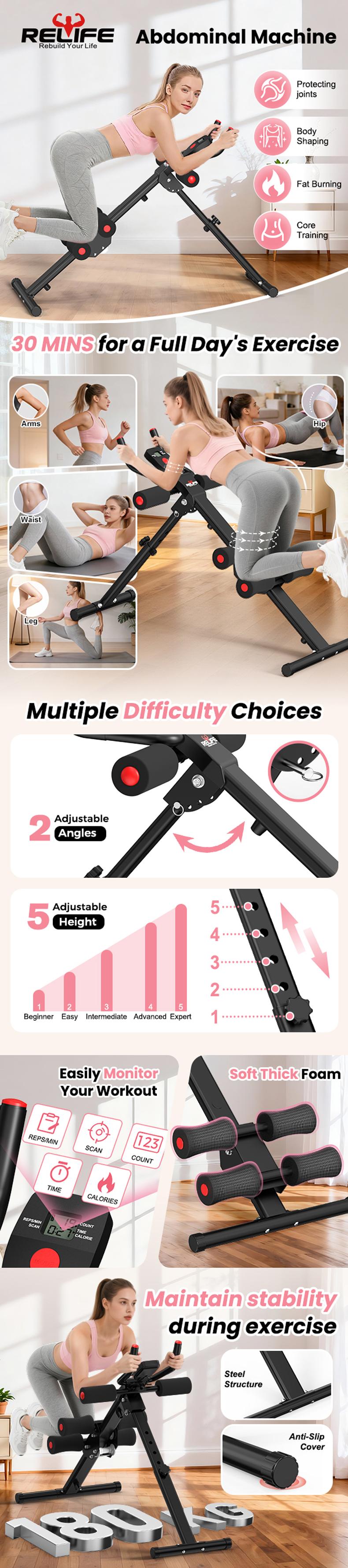 RELIFE Foldable Core Abdominal Trainer Adjustable Home Gym AB Exercise Equipment, Three Adjustable Levels with Resistance Bands, Black+Pink RELIFE Foldable Core Abdominal Trainer Adjustable Home Gym AB Exercise Equipment, Three Adjustable Levels with Resistance Bands, Black+Pink