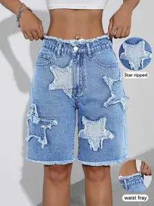 Women's High-Waisted Patchwork Denim Shorts, Loose Straight-Leg Mid-Thigh Pants with Pockets, Summer Casual Beachwear Womenswear