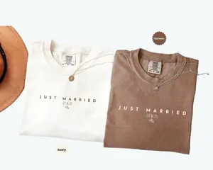 Comfort Colors Just Married Shirts with Date, Personalized Wedding Couple Gift, Honeymoon Outfit, Newlywed Anniversary Tee Set