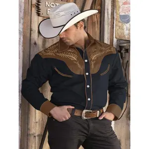 MEN'S Western cowboy shirt embroidery long sleeve cotton casual button down shirts band collar dress shirts