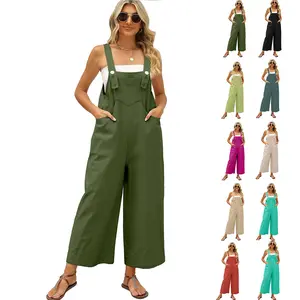 Naeduo Women's Summer Cotton Linen Bib Overalls Baggy Sleeveless Adjustable Wide Leg One Piece Jumpsuits