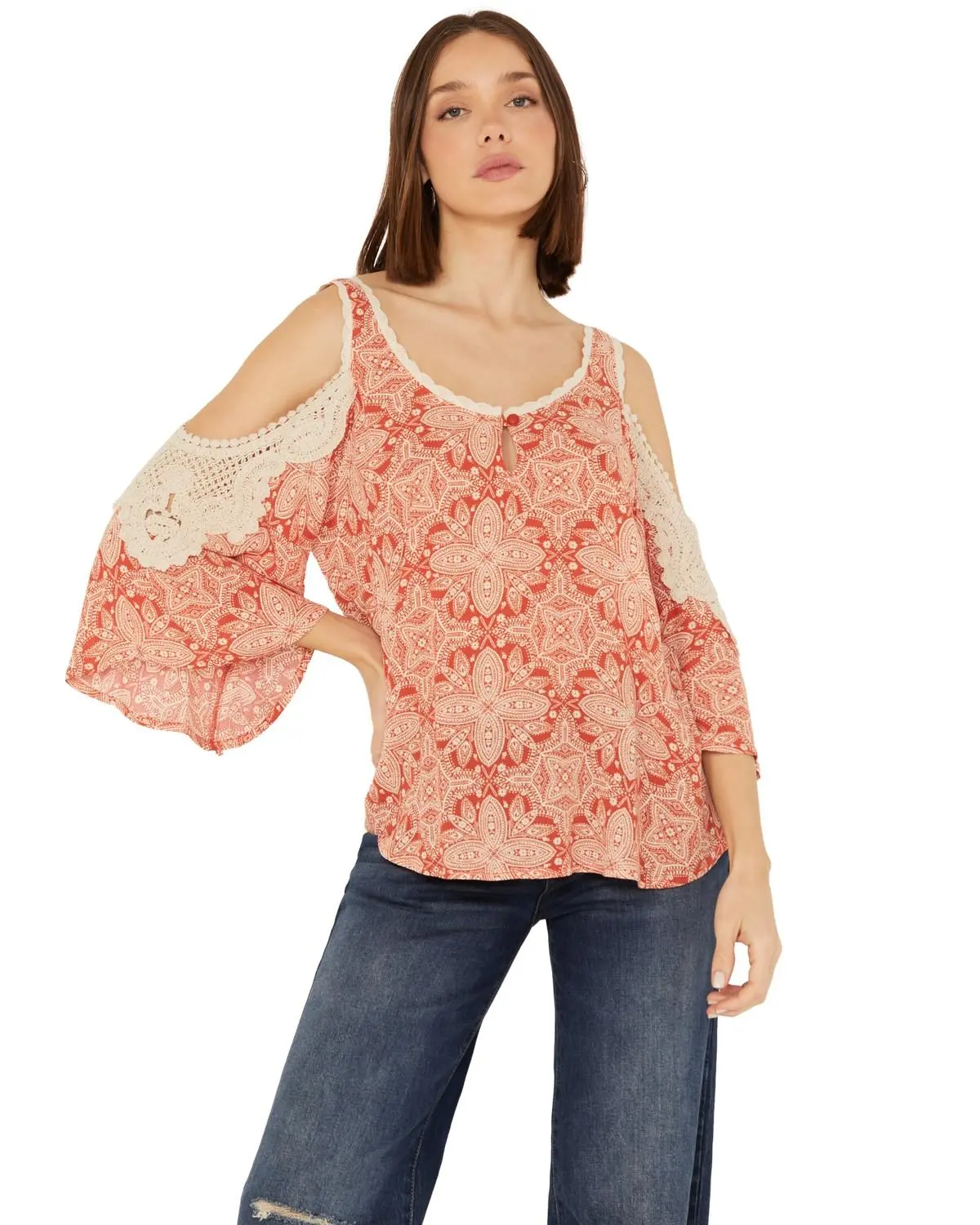 Wild Moss Women's Medallion Cold Shoulder Top - Im8891-W1177