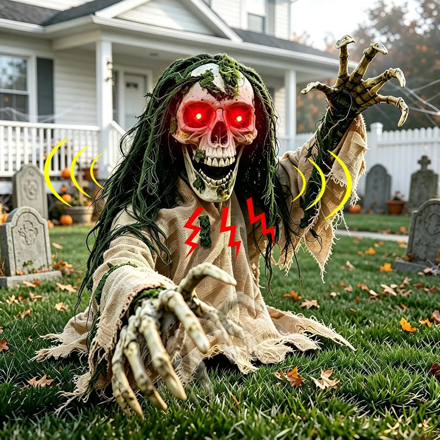 TURNMEON Halloween Outdoor Animated Zombie Groundbreaker - Spooky Half-Body Skeleton with Red Light-Up Eyes, Creepy Sound, Motion for Graveyard, Yard Haunted House Decor Prop