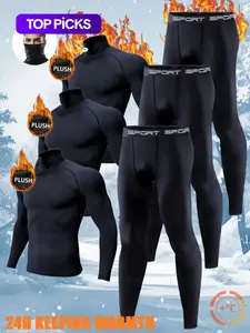 Men's 6-Piece Warm Tech Fleece Base Layer Set, High Neck Tight-Fitting Long Sleeve Top & Pants, Fleece-Lined Sports Underwear, Winter Training, Skiing, Running