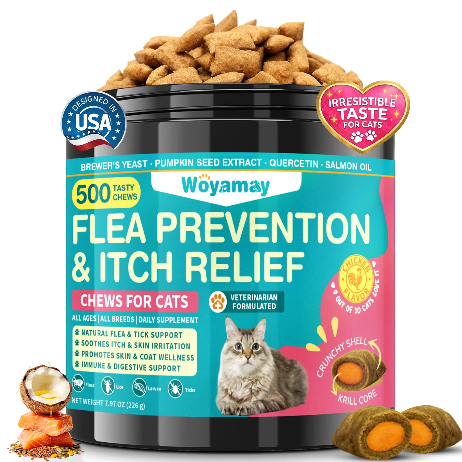 Flea for Cats & Itch Relief Chews, 500 Crunchy Cat Flea Chews, Cat Itchy Skin Relief, Cat Itching Relief & Skin Care, Flea Prevention for Cats, Chicken Flavor DealsForYouDays summerwins