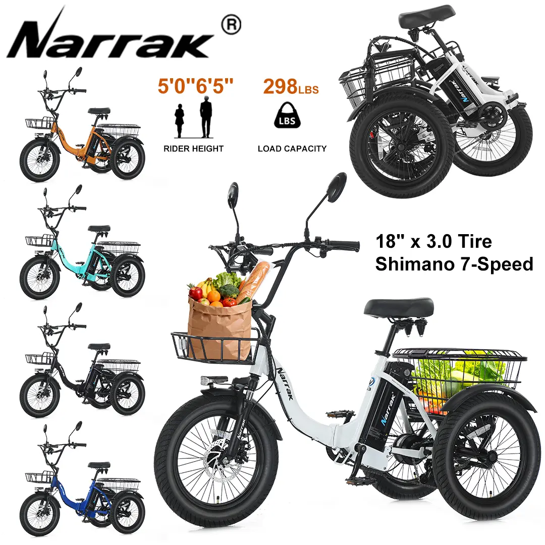 N3 Electric Tricycle 700W-1100W Fat Tire E-Bike for Adults, Folding 3 Wheel Electric Bike with Long Range Removable Battery and Large Basket