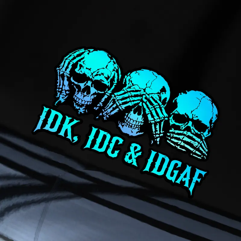 Decorative Glowing IDK IDC IDGAF Laser Skull Totem Car Stickers - Easy-Install, Water-Resistant Universal Vehicle Accessory, Auto Accessories for Cars & Motorcycles, Halloween Exterior Decoration