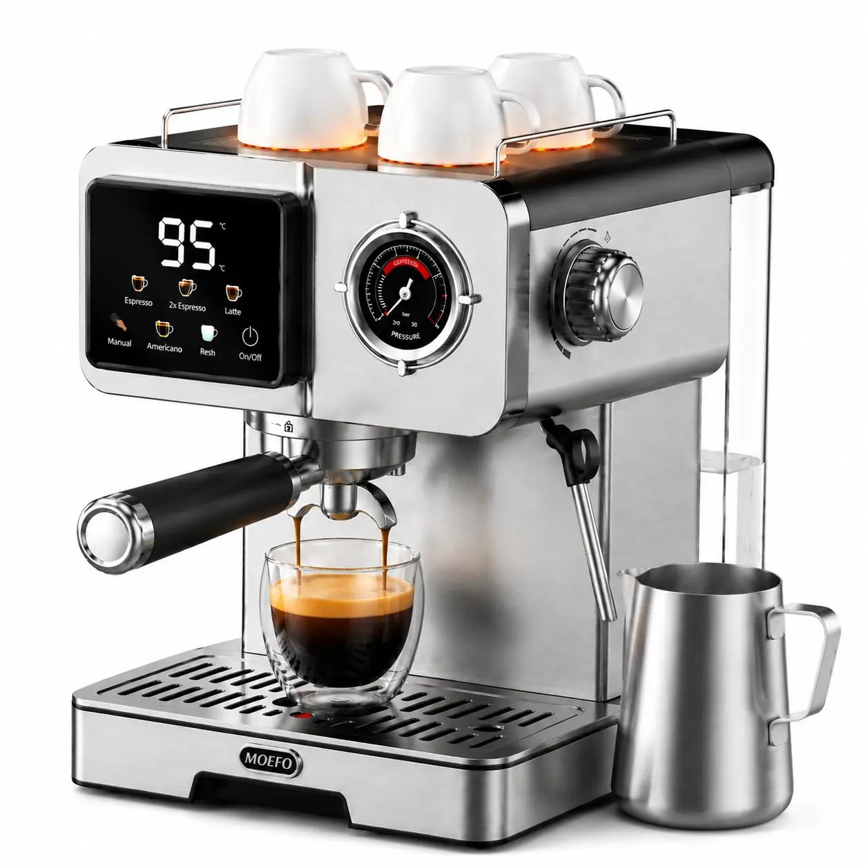 [SummerWins][MOEFO] 20 Bar Espresso Machine, 1500W Fast Heating Coffee Maker with PID Temperature Control, Professional Pressure Gauge, 58mm Commercial Portafilter, Dual-Hole Steam Wand, 1.6L Removable Water Tank，1-Year Warranty