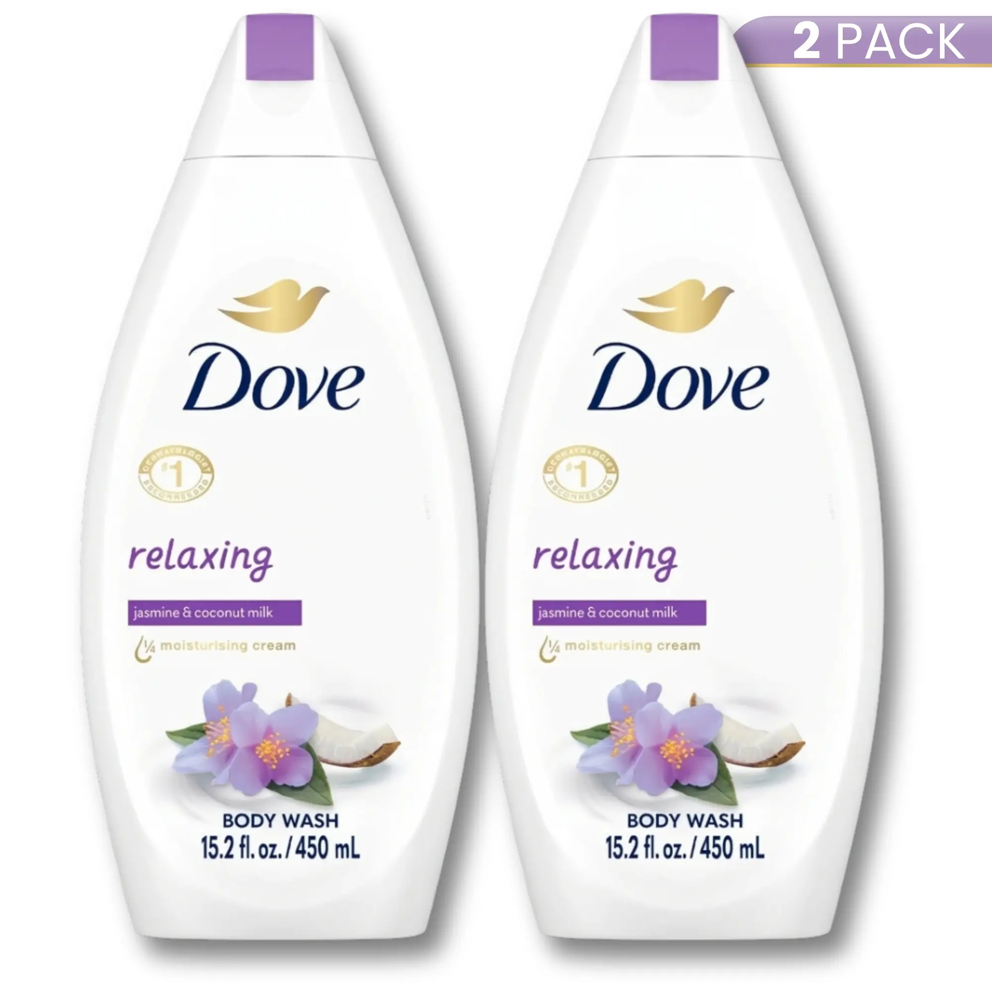 Dove Relaxing Body Wash, Jasmine & Coconut Milk Scent, Daily Shower Cleanser and Moisturizer with 1/4 Moisturizing Cream (2 Pack, 15.2oz / 450ml), Body Care, Hydrating, Scented Body Wash