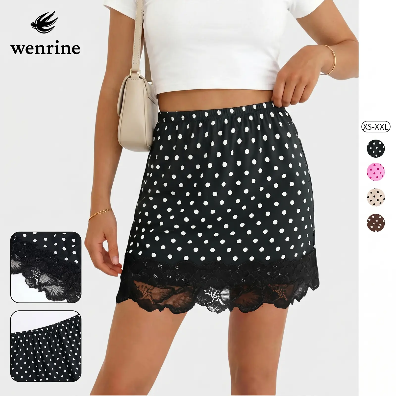 Wenrine Womens Polka Dot Skirt Lace Satin Casual High Waist A Line Summer Mini Skirts
