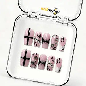 NailBeeBee｜10PCS 100% Handmade Press-On Nails｜D155 1.0 Inch｜Reusable Colorful Art Acrylic Stylish｜Grunge Pink Leopard Cross