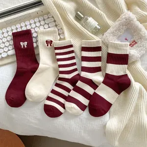 5 Pairs Bow Red Socks For Women in Autumn and Winter, Versatile Tube Socks, Striped Women's Socks Trend