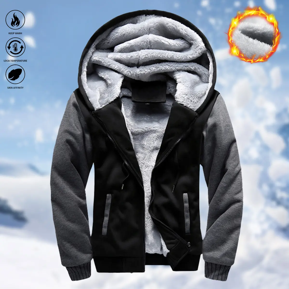 Men's Thick Fleece Hoodie Cardigan, Casual Plain Long-Sleeve Winter Sweatshirt Coat, Pull-On Fitted XXL Top